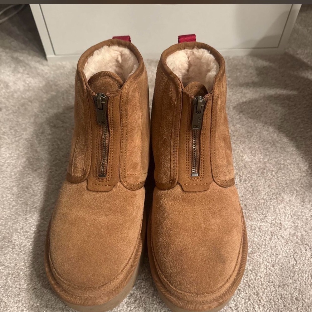 UGG Neumel Platform Chestnut Brown Suede Zip Front Shearling Lined Boots